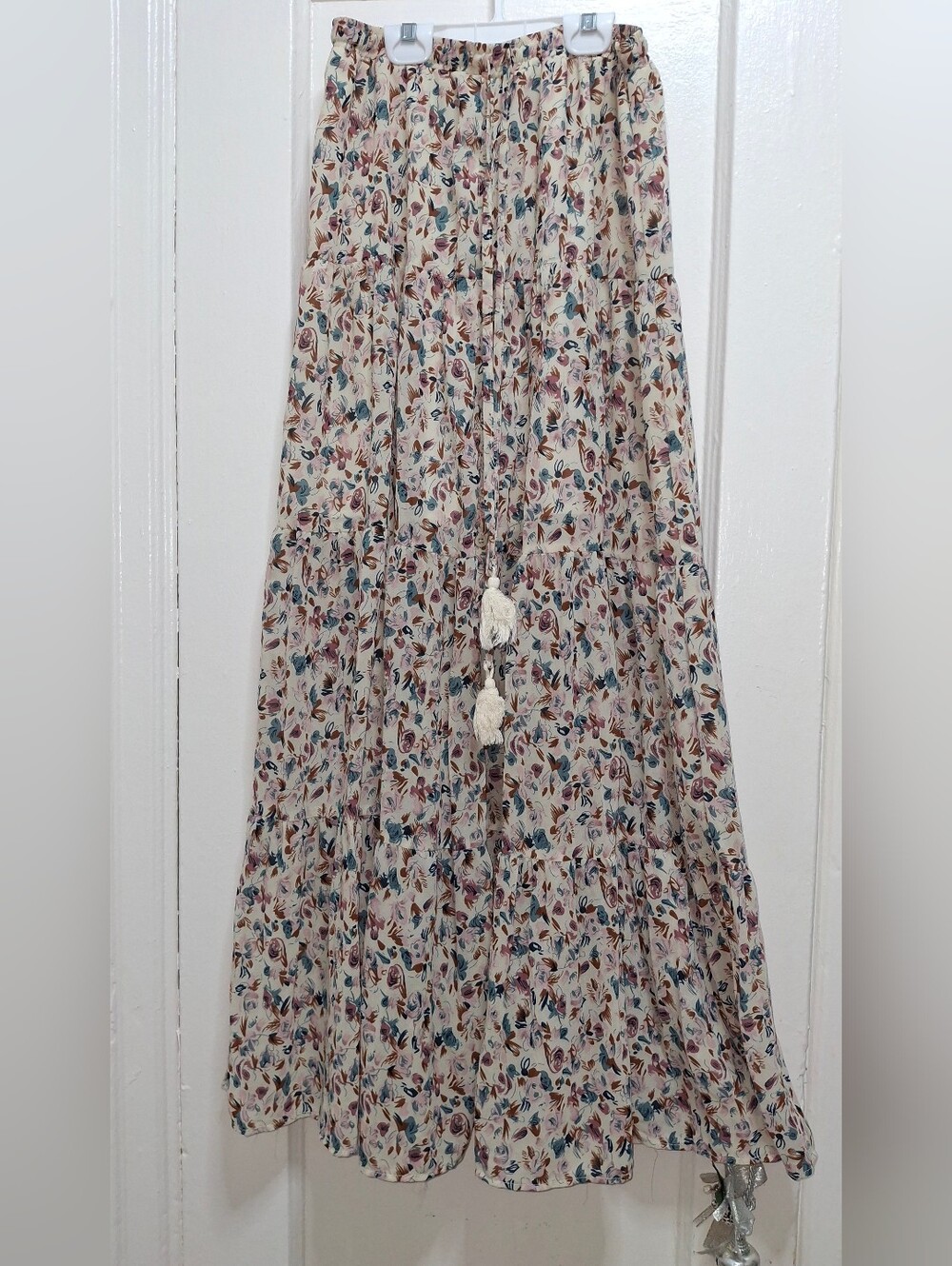 SHEIN Floral Boho Maxi Skirt Women's Size S Button Detail Tassel Tie Lined